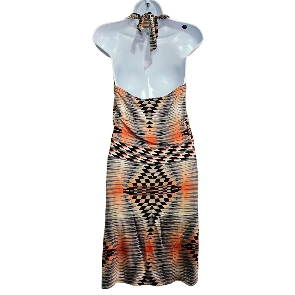 BCBGMAXAZRIA Halter‎ Deep V-Neck Dress Aztec Geo Stretch Orange Navy XS NWT
